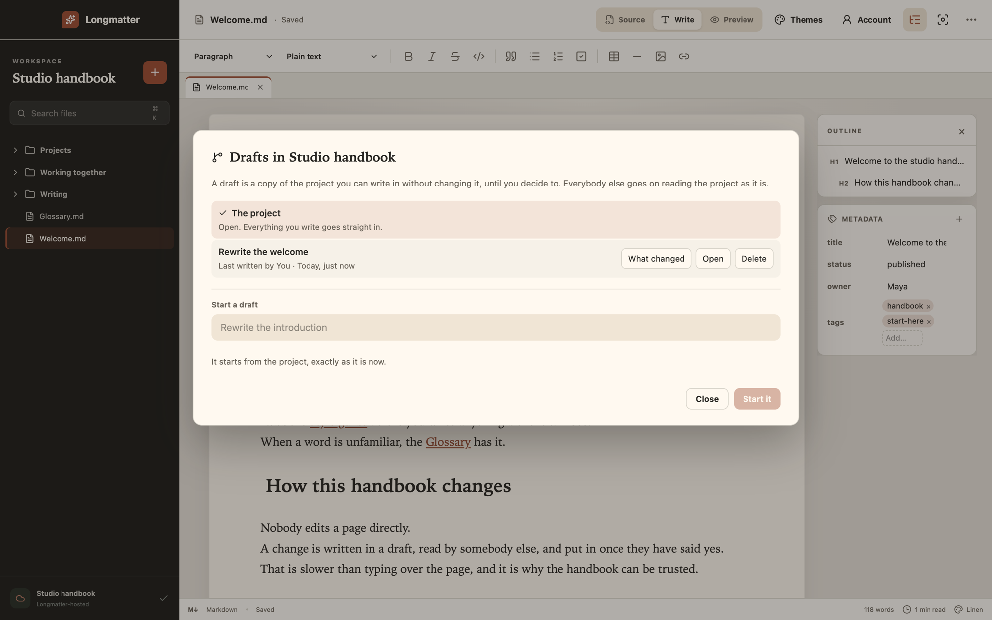 The Drafts dialog in a project called Studio handbook. It explains that a draft is a copy of the project to write in, lists the project and a draft called Rewrite the welcome, and has a field to start another.