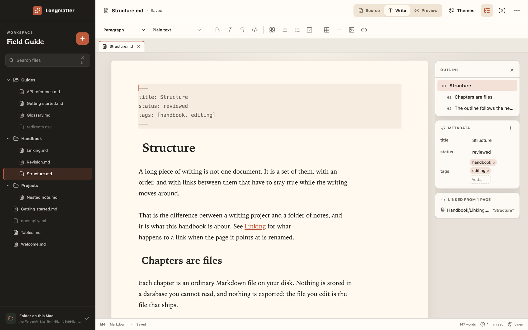 Longmatter with a handbook open: the file tree on the left, a page being written in the middle, and the outline, metadata fields and inbound links on the right.
