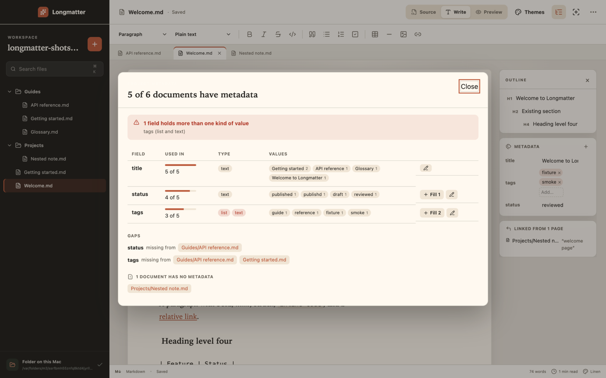 The project metadata view, listing which front matter keys are used across the whole folder, how widely, and which pages are missing them.