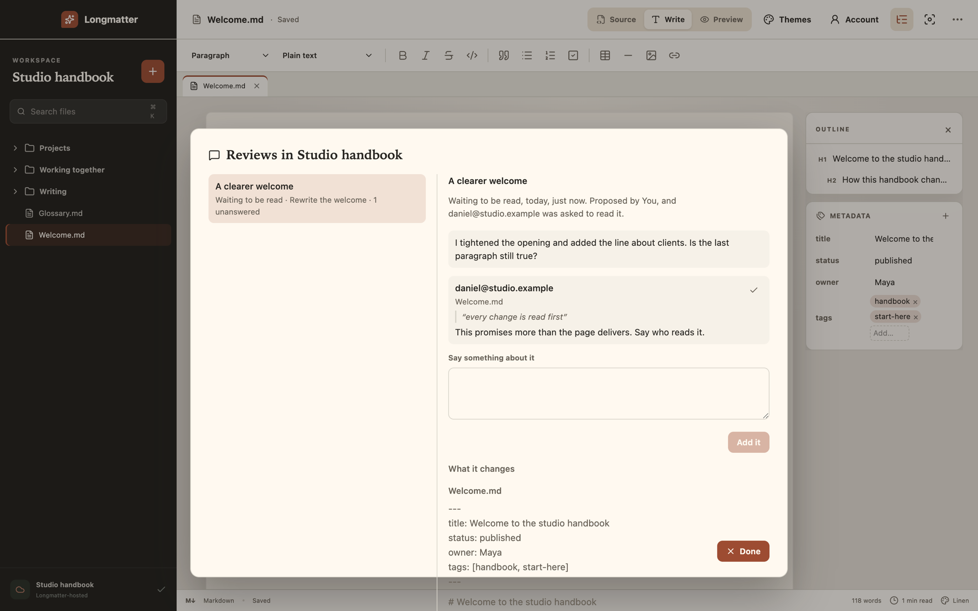 A review called A clearer welcome, waiting to be read, with the request, a teammate's comment quoting the words it is about, and a box to reply.