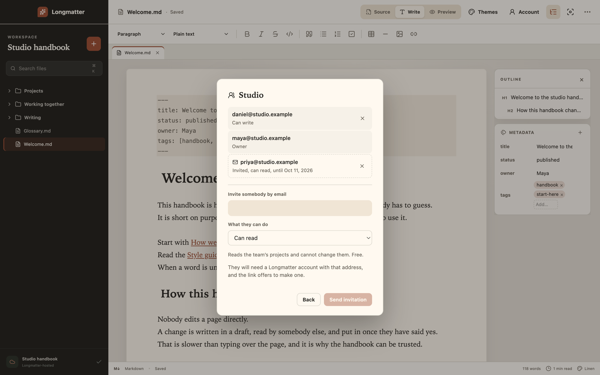 A team called Studio, listing an owner, a writer and an invitation to a reader that has not been accepted, with a form to invite somebody else by email.