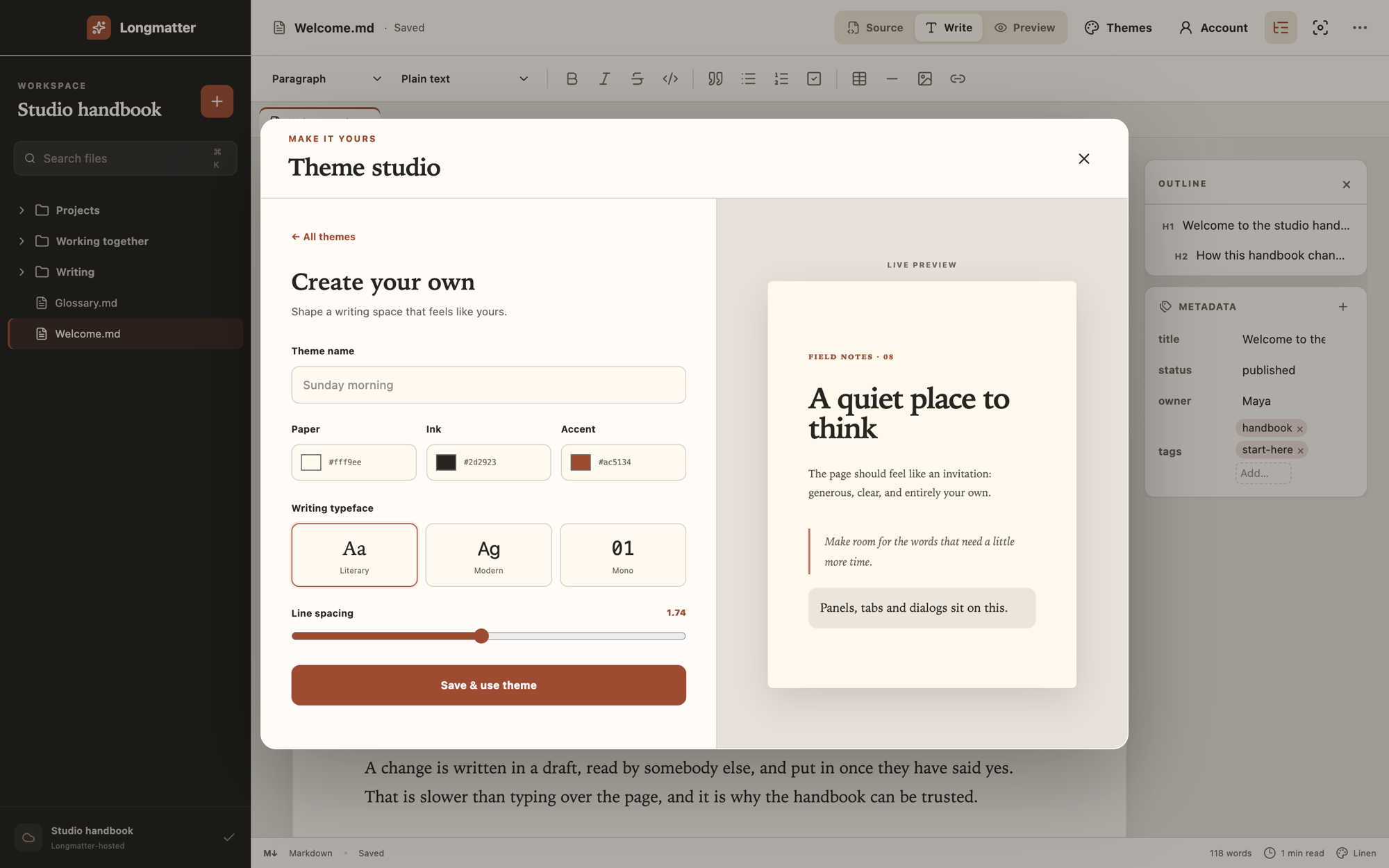 The create-your-own form in Theme studio: a name field, three colour swatches labelled Paper, Ink and Accent with their hex values, three typeface choices, a line spacing slider reading 1.74, and a live preview of a headed page beside it.